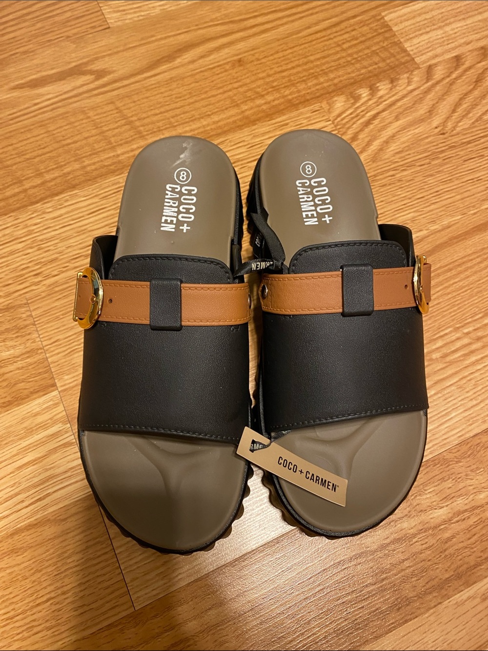 Coco + Carmen Black and Brown Buckle Slide Sandals